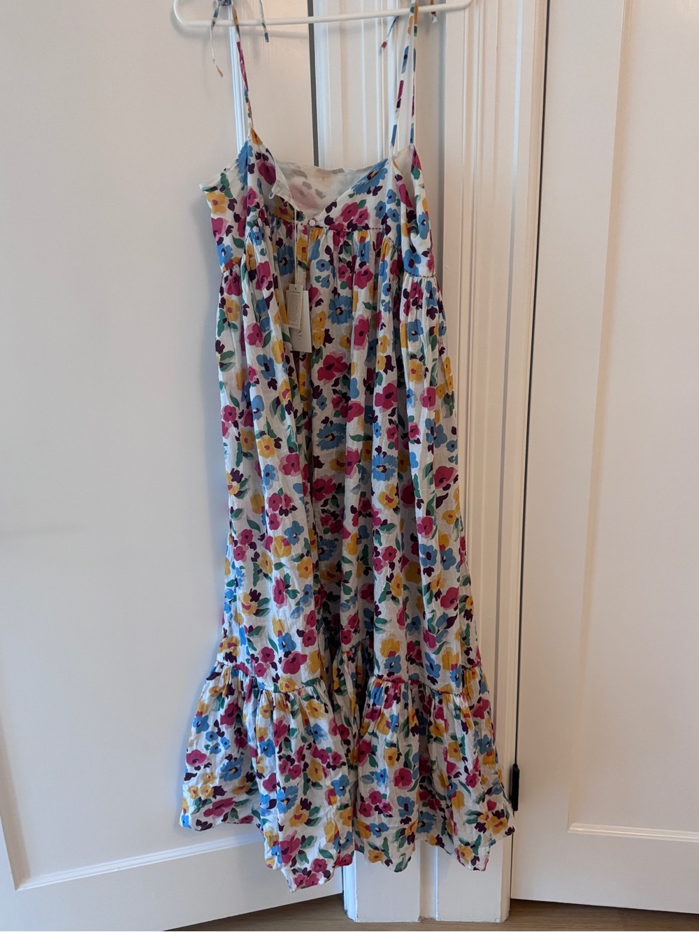 THE GREAT. Multicolor Floral Tiered Spaghetti-Strap Maxi Dress - Picture 4 of 6